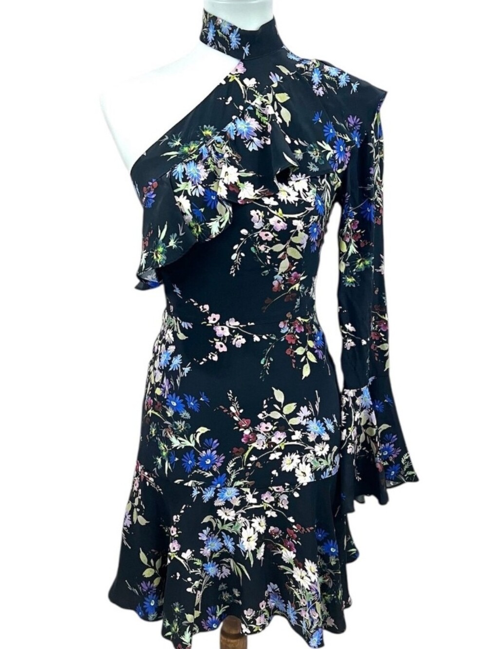 Parker One-Sleeve Silk Black Floral Mini Dress Size 6 BoHo Bellsleeve Wildflower
